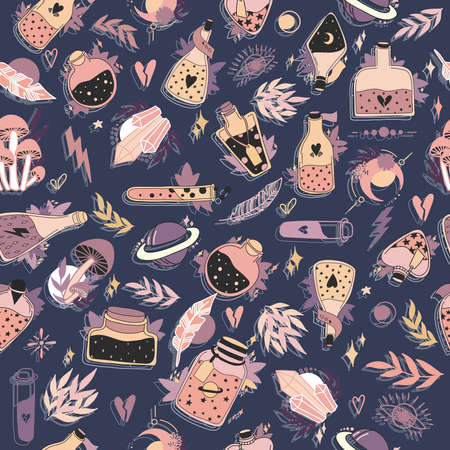 Witchcraft themed symbols and elements. Magic and celestial inspired Seamless Pattern. Halloween Concept. Gift Packaging. Hand drawn vector doodle illustration. Background for witches and wizardsのイラスト素材