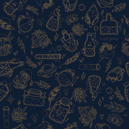 Mystical vector seamless pattern with hand-drawn magical and occult illustrations. Magic elements: snake, potion and crystals. Graphic background in vintage style. Gold elements on dark backgroundのイラスト素材