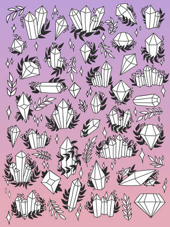 Crystals, diamonds, gems and mineral stones hand drawn outline illustration vector set. Line art gem stones isolated collectionのイラスト素材