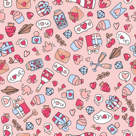 Vector doodle romantic seamless pattern. Hearts, love, lips, kisses, letters, sweets. Trendy design concept for fashion textile print, wrapping and valentines day backgrounds.のイラスト素材