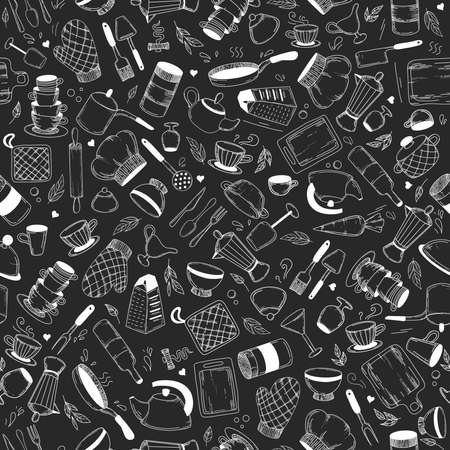 Vector hand drawn kitchen tools seamless pattern. Vintage background. Sketch kitchen tool, kitchenware. Pan, knife and fork, grater chef utensils vector gastronomy texture or doodle wallpaperのイラスト素材