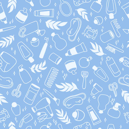 Bathroom set, seamless pattern. Hand drawn doodle background with outline hand drawn beauty...