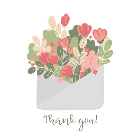 Thank you! Envelope with pink flowers and green leaves. Cute romantic card. Gratitude poster. Gratefulness. Vector hand drawn illustration on white background.のイラスト素材