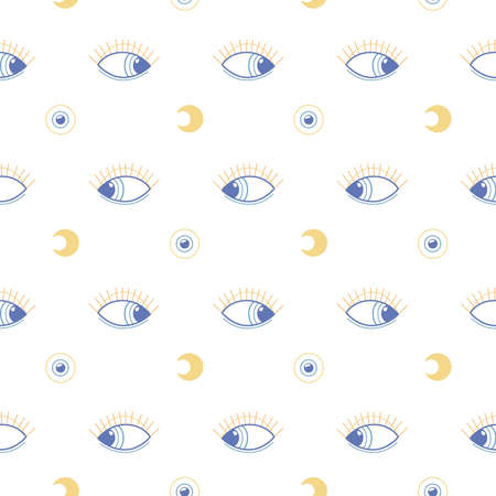 Evil eye and moon seamless pattern. Blue and gold magic esoteric texture on white background. Vector illustration.のイラスト素材