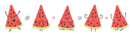 Hand drawn smile watermelon slice. Cute happy childish character set. Fresh healthy juicy food set. Summer vector illustrtation on white background.のイラスト素材