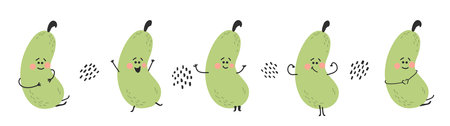 Green cucumber set. Hand drawn cute funny vegetables emoticon. Healthy food collection. Vector childish illustration on white backgroundのイラスト素材