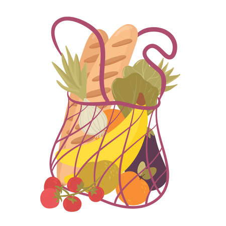 Shopping hand drawn bag flat vector illustrations. Grocery purchase, package with vegan products. Water bottle, bread, fruits, vegetables. Natural food, organic fruits and vegetable.のイラスト素材