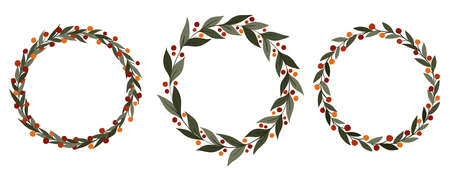 Floral hand drawn decorative green circle frames collection. Vintage wreath design. Vector illustration set for your design, card, invitation.のイラスト素材