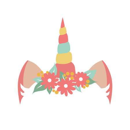 Cute unicorn horn with pink ears and floral wreath.Vector illustration on white backgroundのイラスト素材