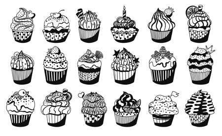 Black and white muffins set with different decoration: cream, topping, berries, citrus, candle. Collection of cute hand drawn desserts. Vector illustration on white background.のイラスト素材