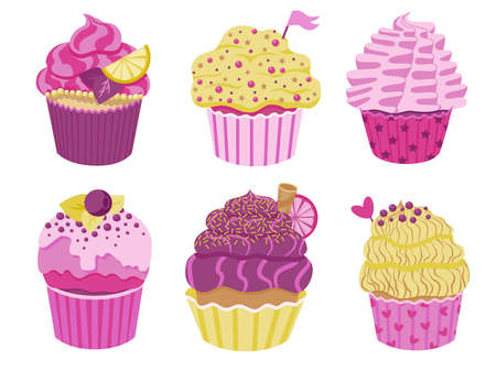 Set of cute little cupcakes with cream and berries. Delicious dessert with different decor. Pink and purple sprinkles muffins collection. Vector illustration on white background.のイラスト素材