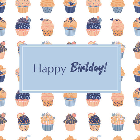 Happy Birthday card with cupcake seamless pattern on background. Vector illusrtation in light blue pastel colorsのイラスト素材