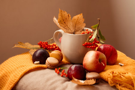 cup of hot tea with macaroons, apples and plums, and autumn leaves, on wooden tableの写真素材