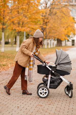 A young mother with a stroller walks through the autumn park. Walking with an infant in the open air in a pine forest. Newborn, family, child, parenthood.の写真素材