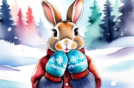 Bunny in mittens against a background of snow and treeの写真素材