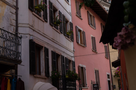 Picturesque small town street view in Limone, Lake Garda Italy.