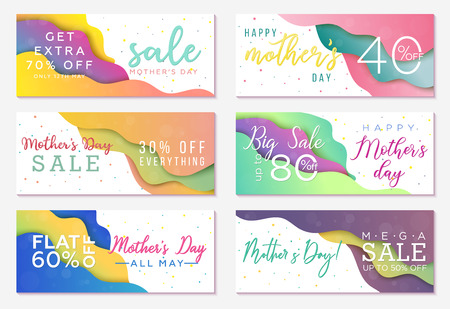 Collection of six sale banner templates to Mothers Day. Special offers templates for business. Colorful papercut background. Stylish designのイラスト素材