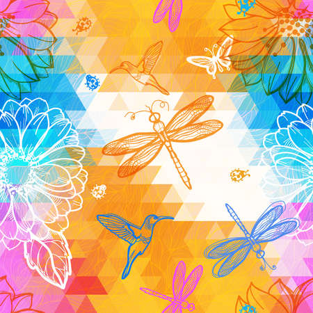 Seamless abstract wallpaper geometric pattern of triangles, flowers, butterflies, birds, dragonflies and beetles. Work of authorship mix of geometry and graphics.のイラスト素材