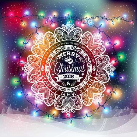 Christmas and New year label with colored lights on backgrounds, decoration of calligraphic design with typographic labels, symbols of the year and icons elements for you. Hand drawn authors work.のイラスト素材