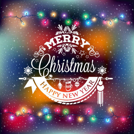 Christmas and New year label with colored lights on backgrounds, decoration of calligraphic design with typographic labels, symbols of the year and icons elements for you. Hand drawn authors work.のイラスト素材