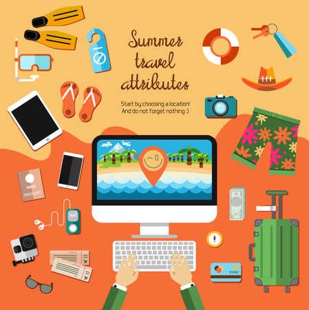 Vector flat set of items required for travel, summer time, leisure, beach, sea, gadgets, passport, tickets, bag, card, money.Background for summer design.のイラスト素材