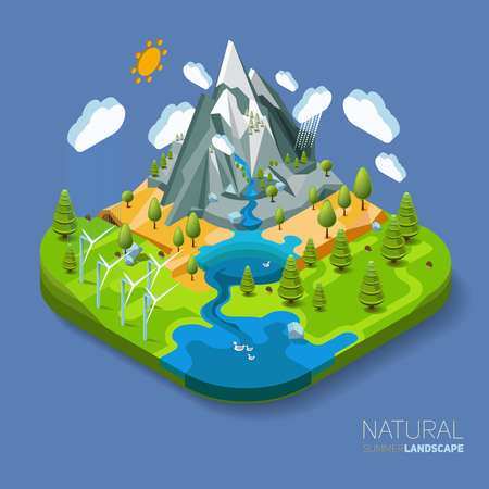 Environment friendly natural landscape with mountains river and forest around. Vector work flat isometric 3D concept.のイラスト素材