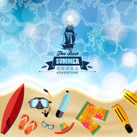 Part of the land and the sea, ocean, beach sand, a set of objects for summer vacation, Surfing, clothes, shorts, diving, with label  in the middle. Background for summer design.のイラスト素材
