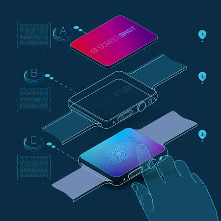 Watch application concept with color screenshot description and flat wireframes.Vector Illustration.のイラスト素材