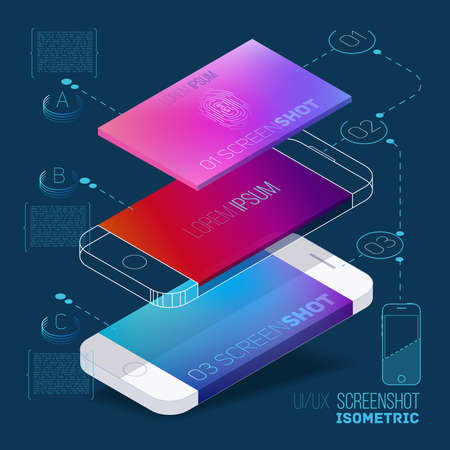 Mobile application concept of phone with color screenshot description and flat wireframes.