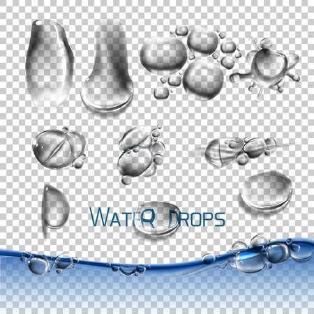 Vector set water drops, transparent, suitable for any background set with shadow and without different species, an example of using.のイラスト素材