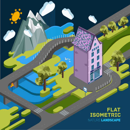 Flat vector landscape isometric concept nature with mountains, building, bridge and river. Pictured 3d isometric concept.のイラスト素材