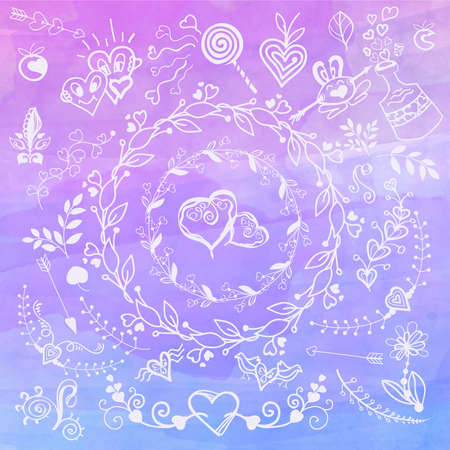 Hand Drawn Romantic Decoration against the background of watercolor curls and doodles handmade for your design, all elements separate.のイラスト素材