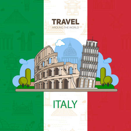 Italian landmarks, historic architecture, on the background of the flag with seamless backgrounds. The theme of travel in Europeのイラスト素材