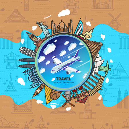 Icons sights of the world around a flying plane against the sky with clouds. Seamless background with a pattern tourist attractions icons. Topic Travel and Tourism landmarks all over the world.のイラスト素材