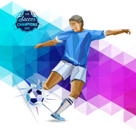 Vector concept of soccer player with geometric background and geometric figures combination of different colors. Creative football design with labels for you.のイラスト素材