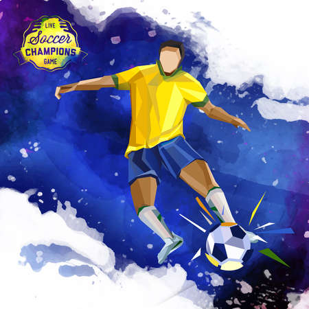 Vector concept of soccer player with geometric background and geometric figures combination of different colors. Creative football design with labels for you.のイラスト素材