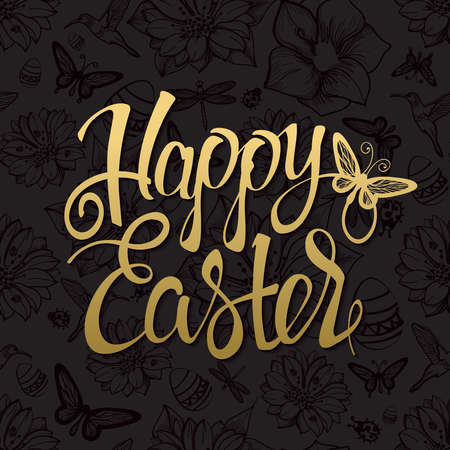Happy Easter gold sign, symbol, on black background.  Festive lettering. Easter gold. Gold sign. gold signs.のイラスト素材