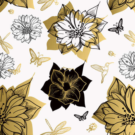 Seamless pattern flowers, butterflies, hummingbirds, white background. Gold floral, black elements,flower line,gold thread pattern,gold seamless lace.Spring,summer theme.のイラスト素材