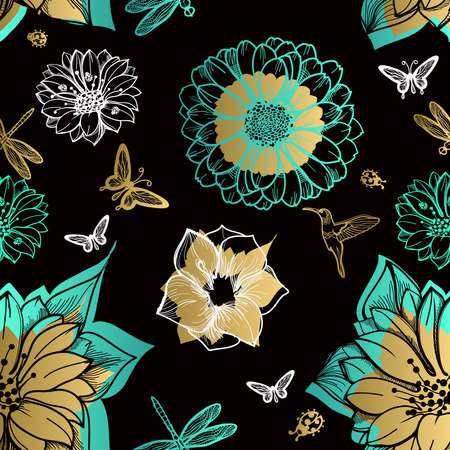 Seamless pattern flowers, butterflies, hummingbirds, black background. Gold flowers, black elements,flower line,gold thread pattern,gold seamless lace.Spring,summer theme. Packaging gifts Greetingsのイラスト素材