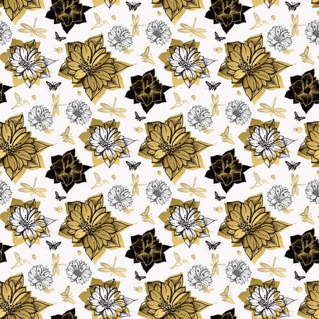 Seamless pattern flowers, butterflies, hummingbirds, white background. Gold floral, black elements,flower line,gold thread pattern,gold seamless lace.Spring,summer theme.のイラスト素材