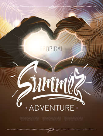 Tropical summer adventure signs,calligraphic font on background seascape picture and hands in the...
