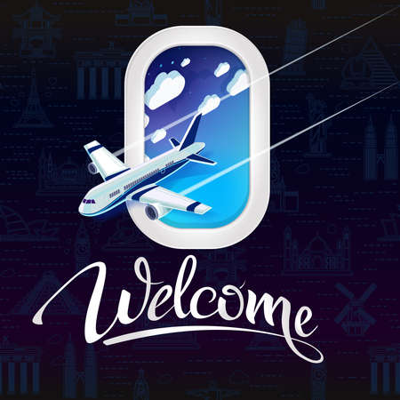 Signs welcome with a view from the window of the airplane.Seamless background with a pattern tourist attractions icons. Topic Travel and Tourism landmarks from around the world.のイラスト素材