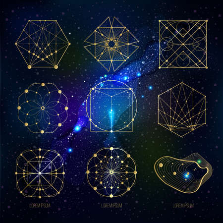 Sacred geometry forms on space background, shapes of lines, logo, sign, symbol. Geometric patterns. Geometry symbolic. Vector isolate geometry shapes.のイラスト素材