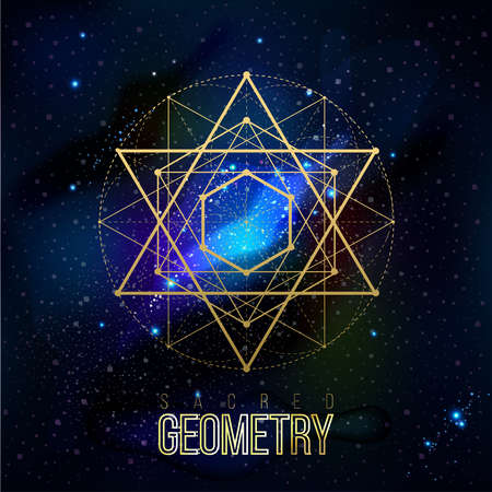 Sacred geometry forms on space background, shapes of lines, logo, sign, symbol. Geometric patterns. Geometry symbolic. Vector isolate geometry shapes.のイラスト素材