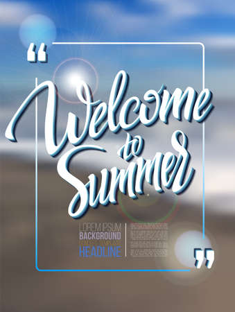 Welcome to summer poster inscription on a background seascape picture. calligraphy, lettering, symbol, logo.のイラスト素材