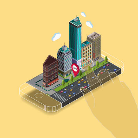 Flat 3d isometric map on mobile, GPS navigation app infographic concept. Flat landscape street location isometric concept on the phone. Application territory building in the natural landscape.のイラスト素材