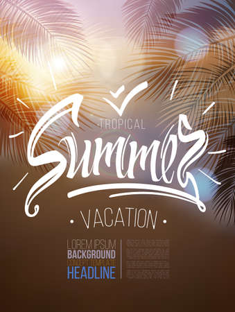 Tropical summer vacation poster inscription on a background seascape picture and leaves from the palm in the background. calligraphy, lettering, symbol, logo. Summer tropical vacation. Summer trip.のイラスト素材