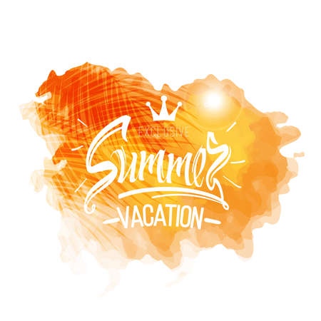 Summer vacation,vector symbols of Summer holidays, label on watercolor splash background. Hand lettering, calligraph font  letters. Isolated.Labels of watercolors. Isolate symbols.のイラスト素材