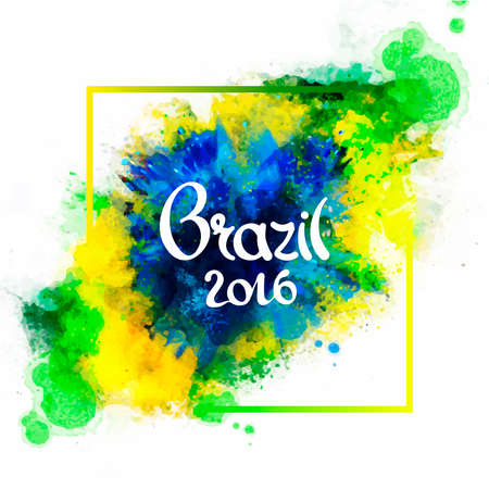Inscription Brazil 2016 on background watercolor stains,colors of the Brazilian flag, Brazil Carnival,watercolor paints. Summer  vacation, ink color.のイラスト素材
