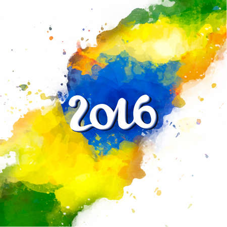 Signs,symbols inscription  2016 on a background watercolor stains,colors of the Brazilian flag, Brazil Carnival,watercolor paints. Summer, ink color.のイラスト素材